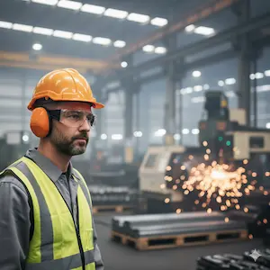 Foto di un lavoratore che indossa otoprotettori per proteggere l'udito all'interno di una fabbrica.